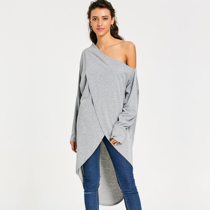 Casual Gray Irregular One Shoulder Long Sleeves Tops