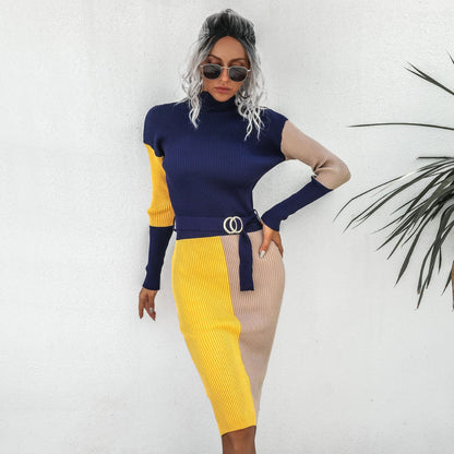 Sexy High Neck Contrast Color Knitting Fall Dresses