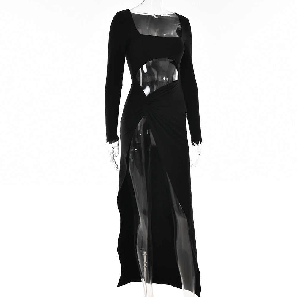 Sexy Square Neckline Split Front Long Sleeves Dresses