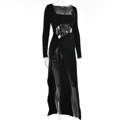 Sexy Square Neckline Split Front Long Sleeves Dresses