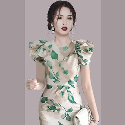 Elegant Summer Round Neck Green Leaf Women Sheath Dresses