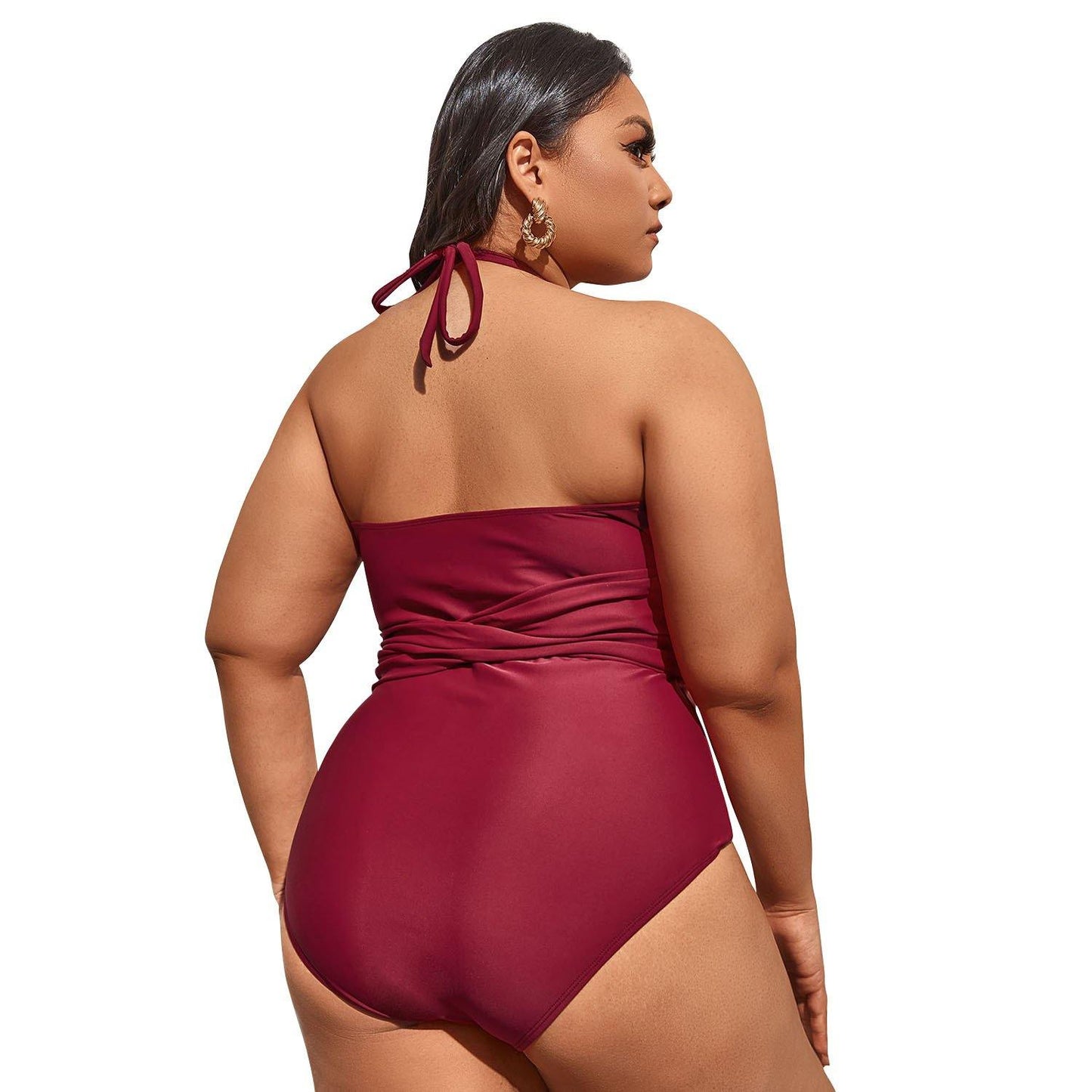 Wine Red Halter Plus Sizes Swimwear-STYLEGOING
