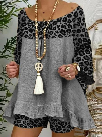 Plus Size Sumemr Leopard Linen Blouses&Shorts Suits-STYLEGOING