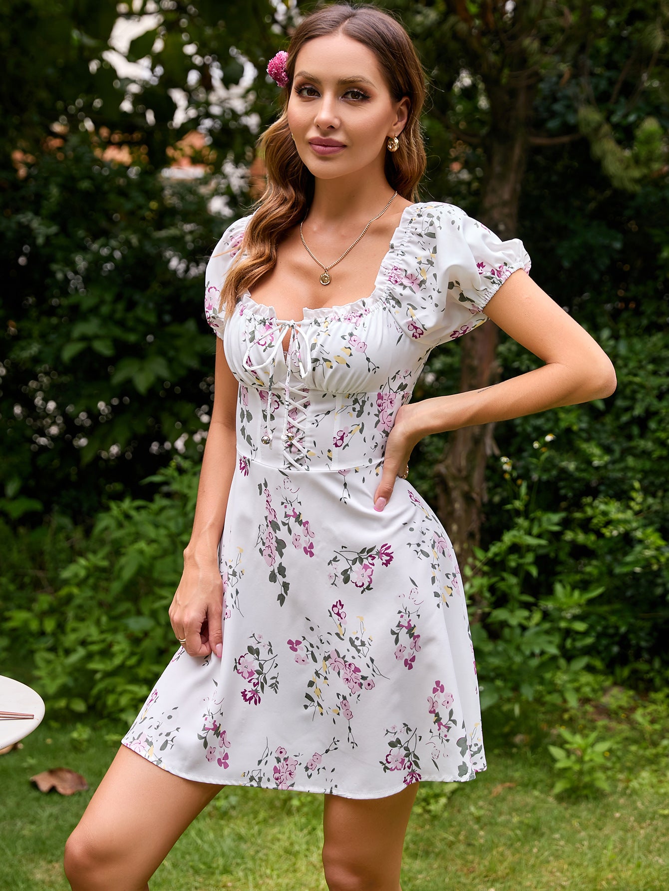 Summer Square Neckline Floral A Line Short Dresses