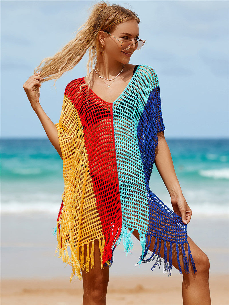 Colorful Knitting Crochet Tassels Swimwear Cover Ups for Women