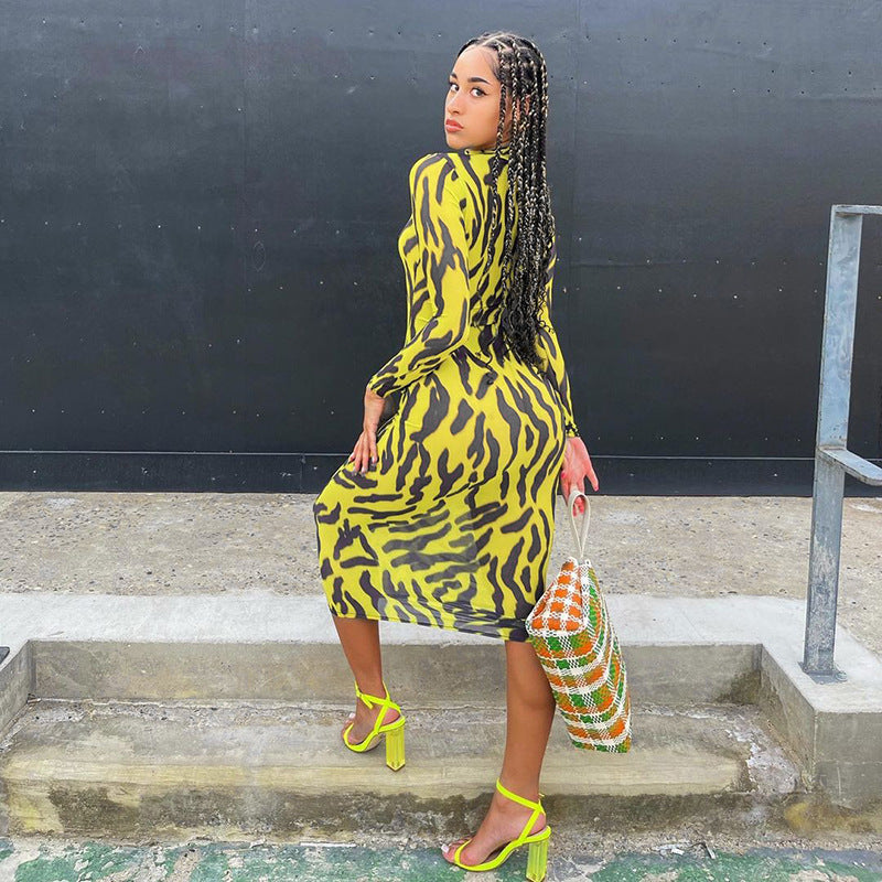 Sexy High Neck Yellow Leopard Long Sleeves Women Dresses