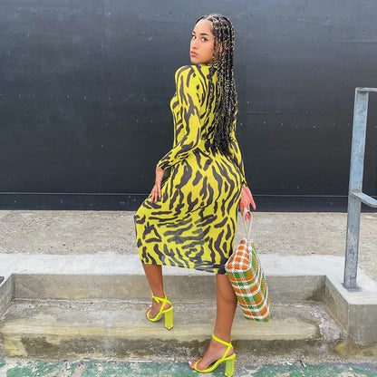 Sexy High Neck Yellow Leopard Long Sleeves Women Dresses