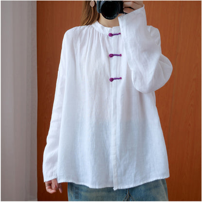 Vintage Linen White Long Sleeves Women Top Shirts