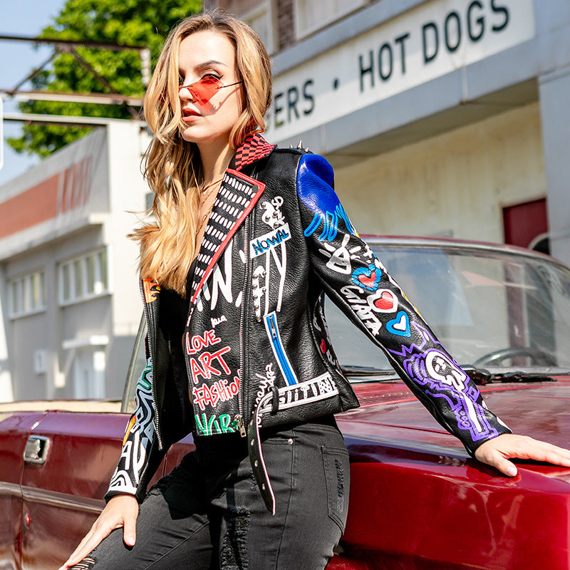 Fashion Grafitti Design Women PU Jacket Coat