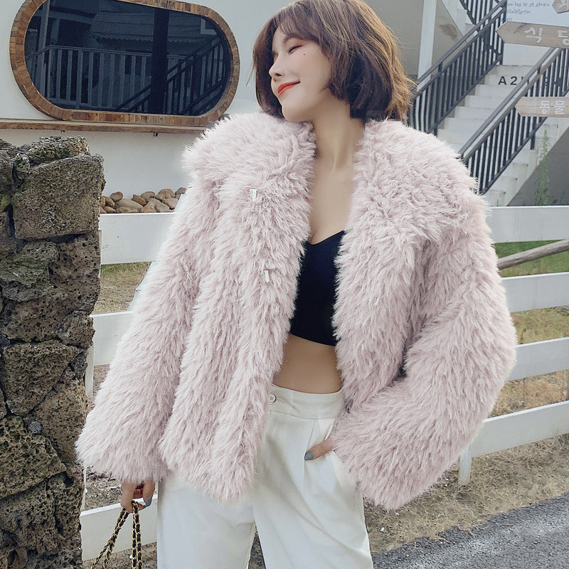 Winter Pink Artifical Fur Soft Overcoat for Women