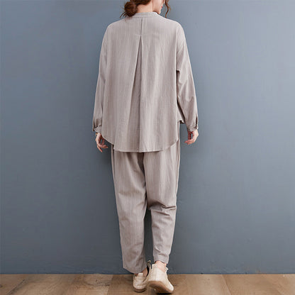 Vintage Striped Linen Plus Sizes Two Pieces Suits