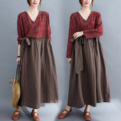 Vintage V Neck Flower Designed Slim Waist Long Maxi Dresses