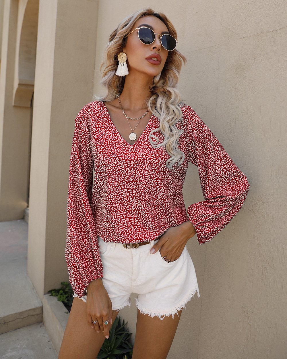 Women Small Foral V Neck Summer Top Blouses-STYLEGOING