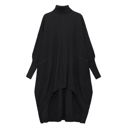 Women High Neck High Low Designed Knitted Long Cozy Dresses