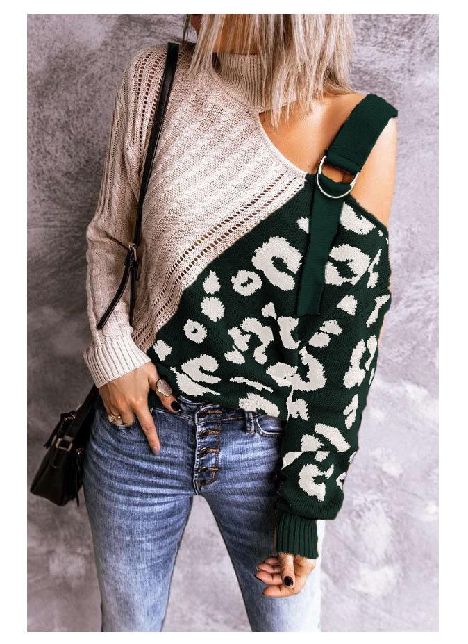 New Leopard High Neck Women Fall Sweaters-STYLEGOING