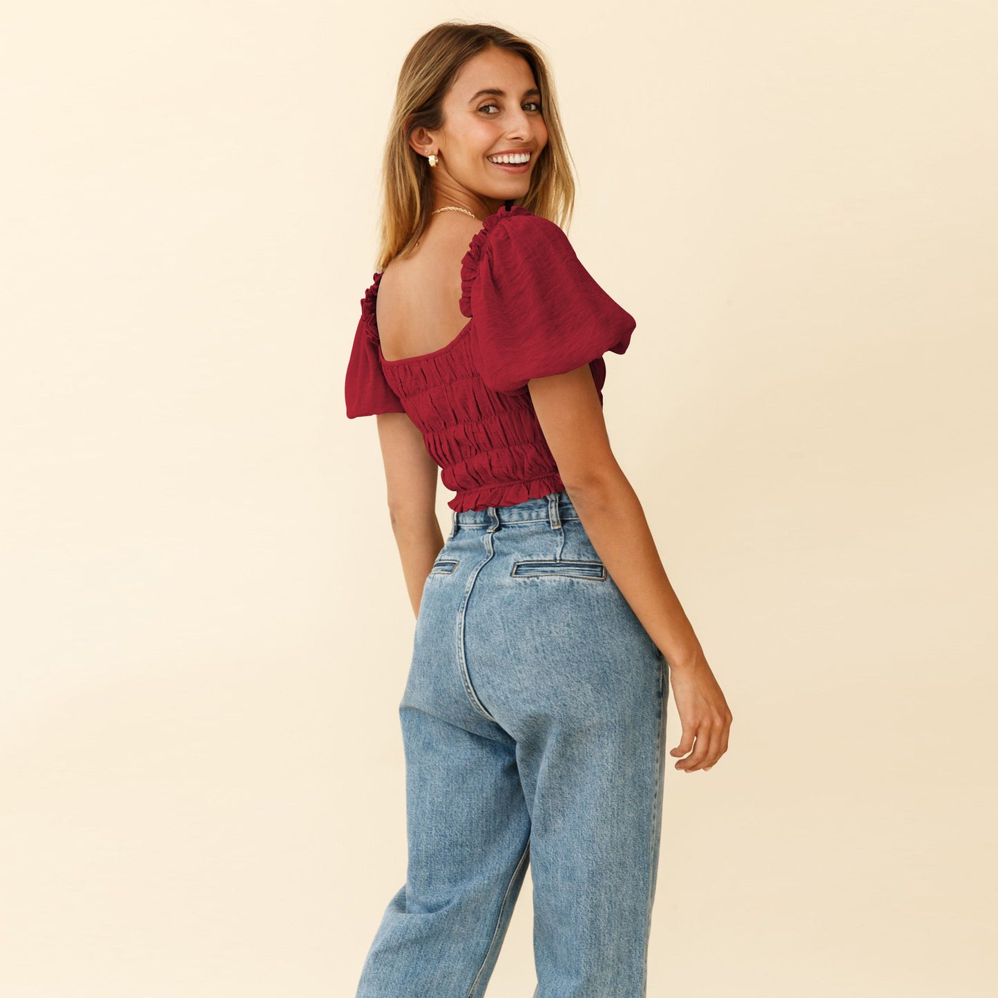 Sexy Square Neckline Chiffon Midriff Baring Summer Women Tops