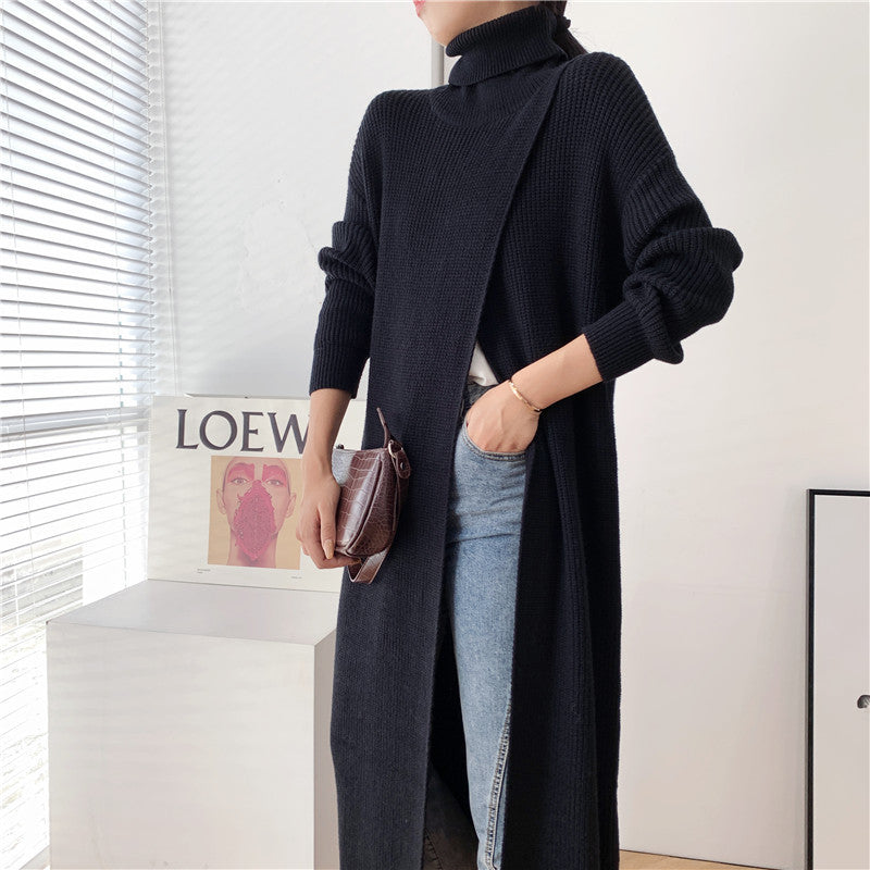 Designed High Neck Split Knitted Pullover Long Dresses