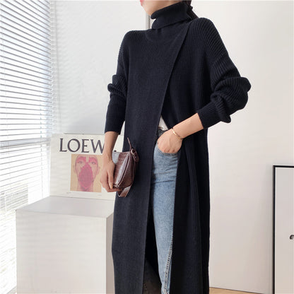 Designed High Neck Split Knitted Pullover Long Dresses