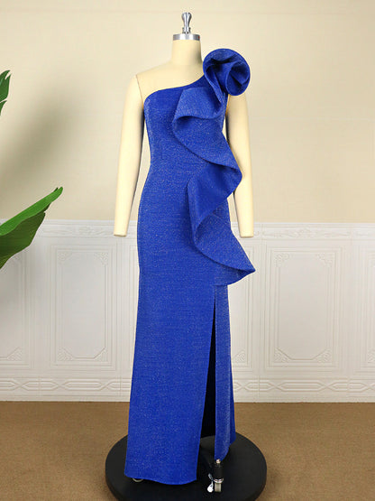 Women One Shoulder Split Front Ruffled Evening Party Dresses