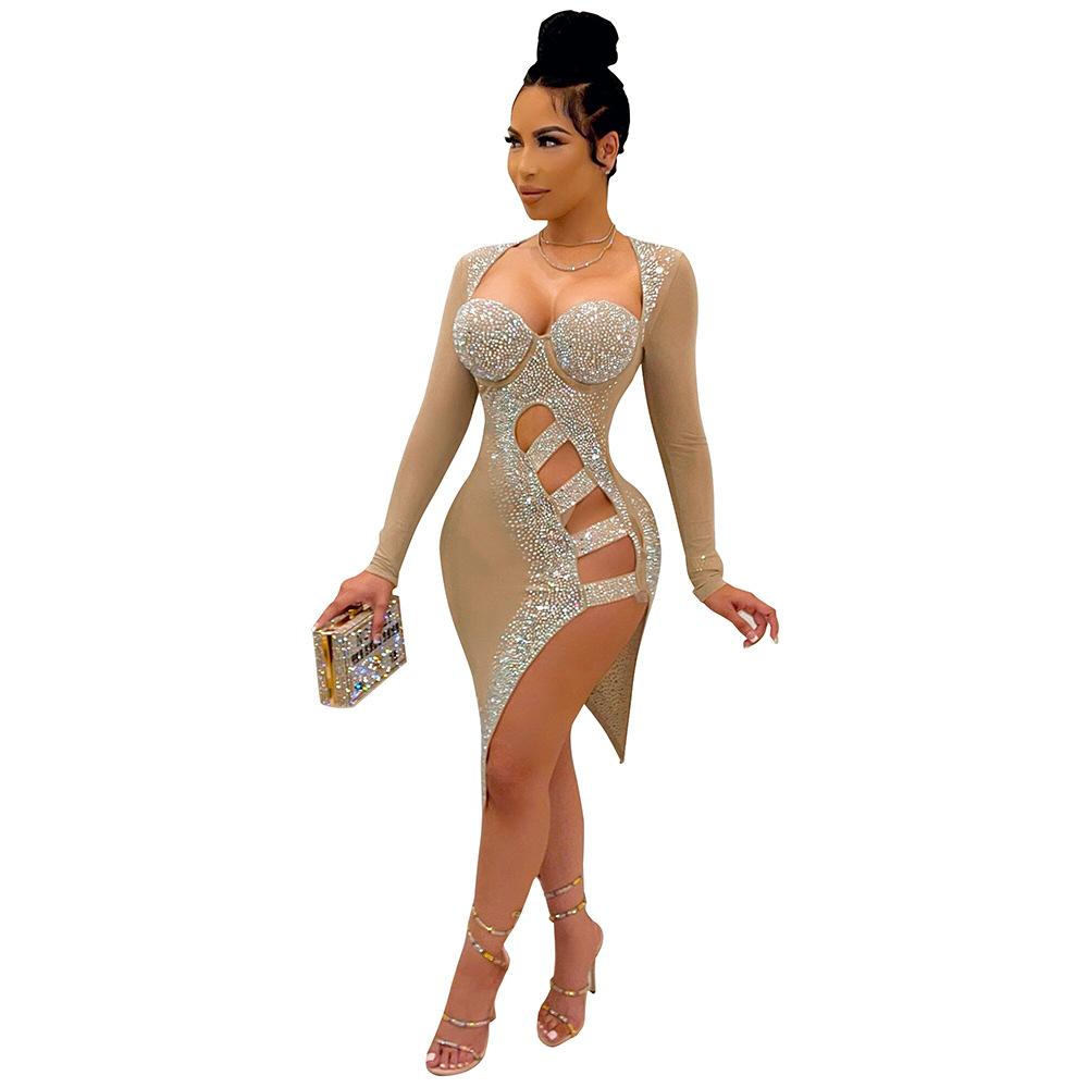 Sexy Long Sleeves Diamond Night Club Dresses-STYLEGOING