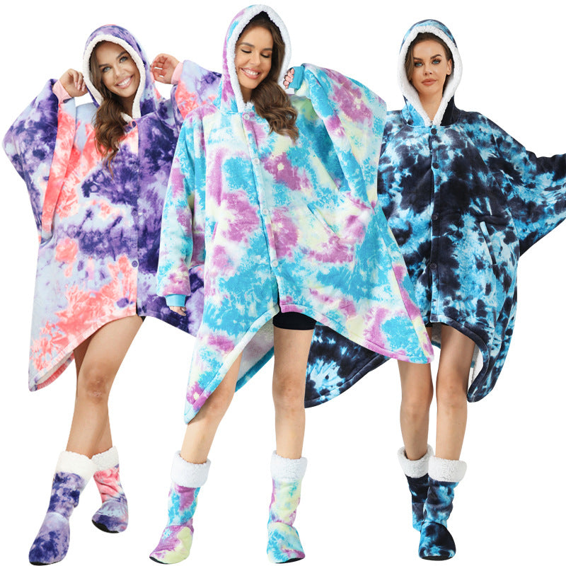 Dyed Lazy Wearable Fleece Throw Blanket Cape with Socks