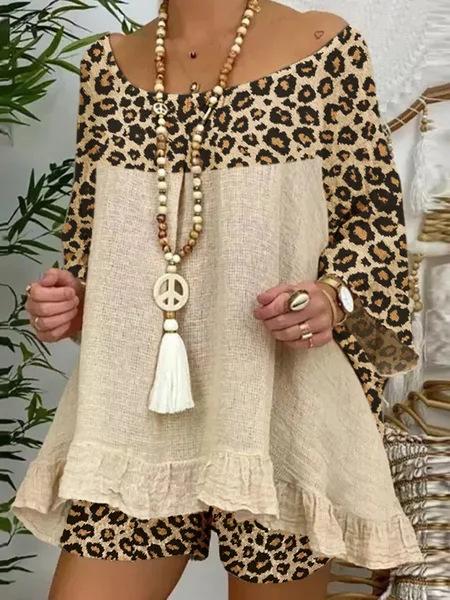Plus Size Sumemr Leopard Linen Blouses&Shorts Suits-STYLEGOING