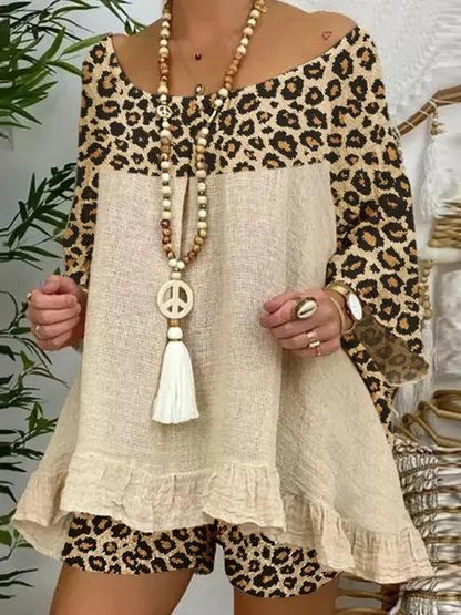Plus Size Sumemr Leopard Linen Blouses&Shorts Suits-STYLEGOING