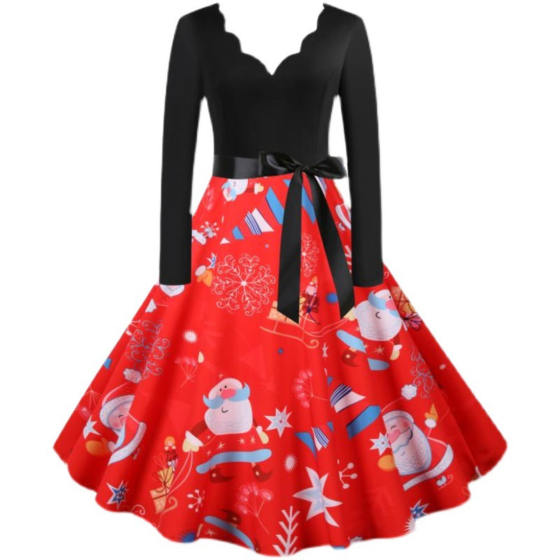 Red V Neck Long Sleeves Christmas Dresses