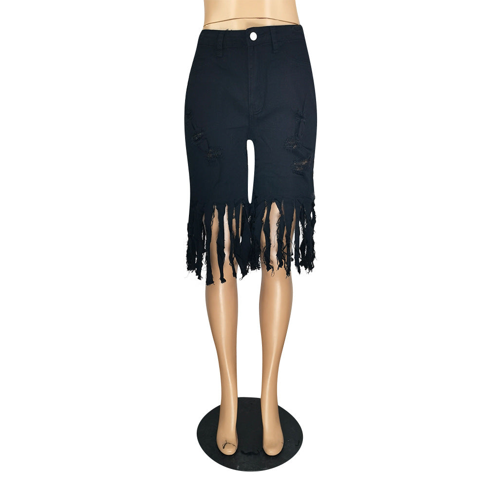 Casual Broken Holes Tassels Short Jeans