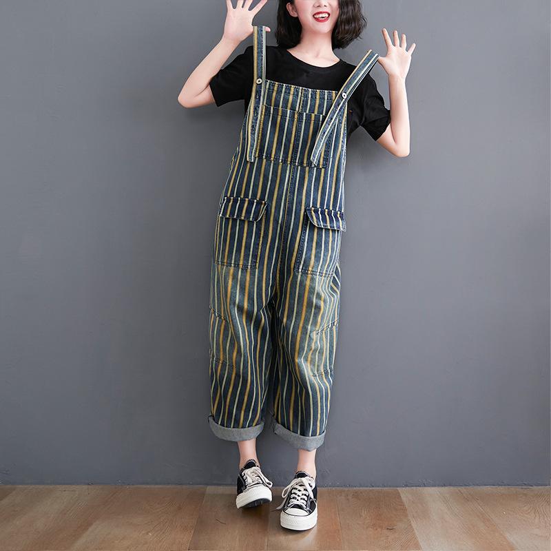 Plus Sizes Striped Pocket Demin Jumpsuits-STYLEGOING