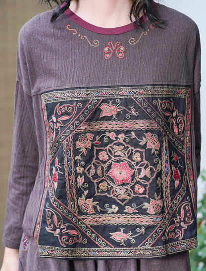 Vintage Urban Linen Embroidery T Shirts & Pants for Women
