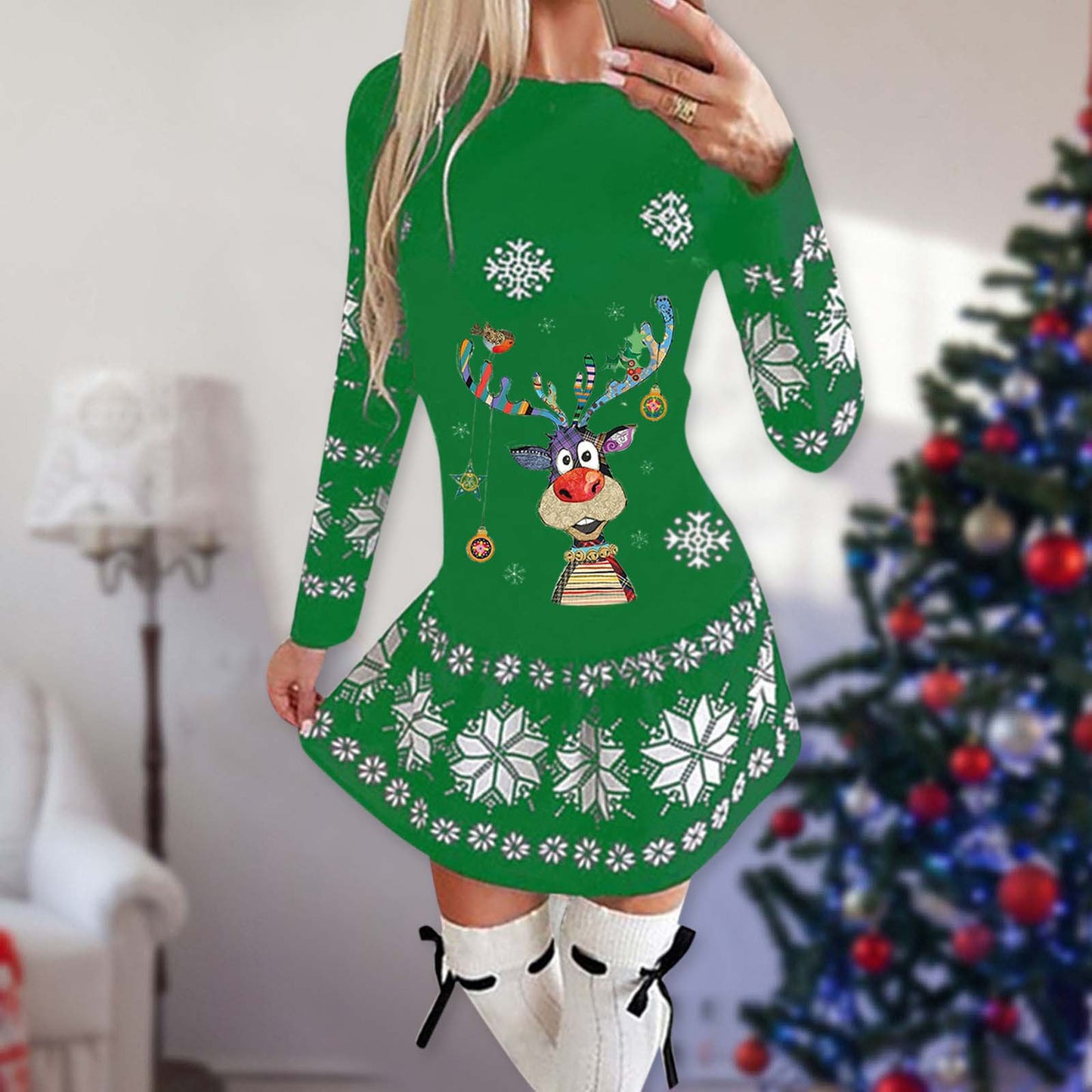 Merry Christmas Print Women Long Sleeves Dresses