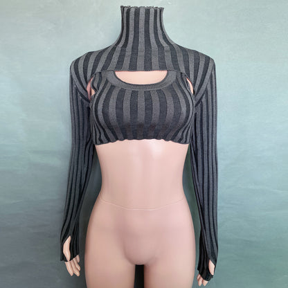 Sexy High Neck Knitting Women Short Tops Suits