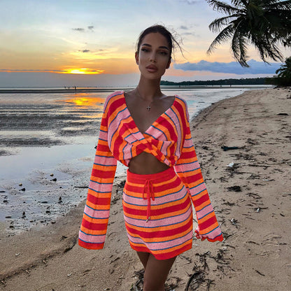 Red Striped Fall Knitted Women Dresses Suits