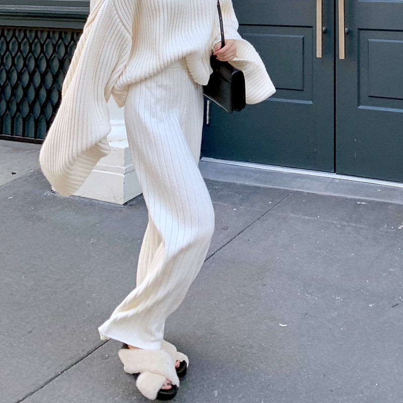 Fashion White Knitted Loose Long Pants