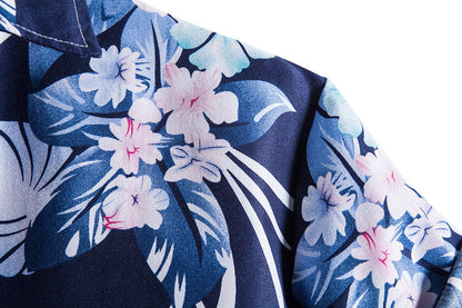 Blue Floral Print Men's Summer Short Sleeves T Shirts