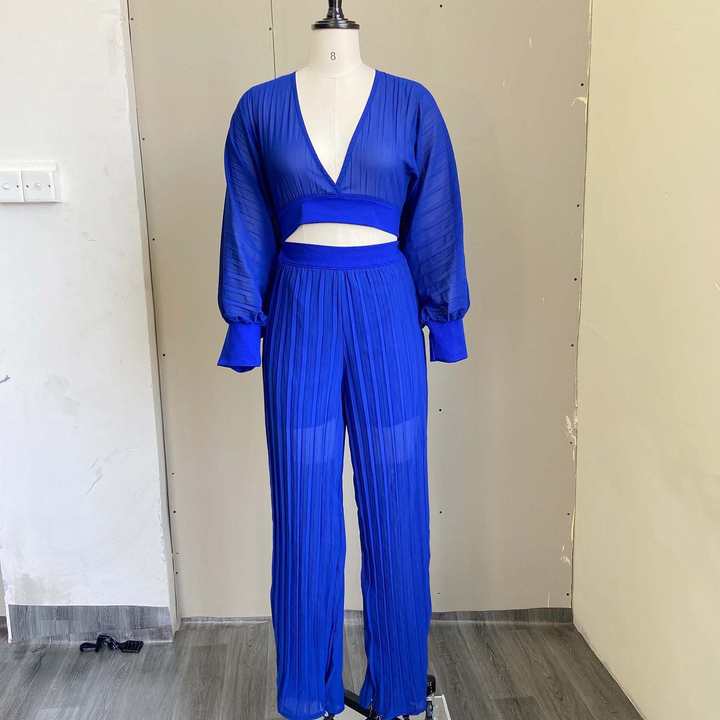 Sexy Women Two Pieces Long Sleeves Short Tops and Wide Legs Pants