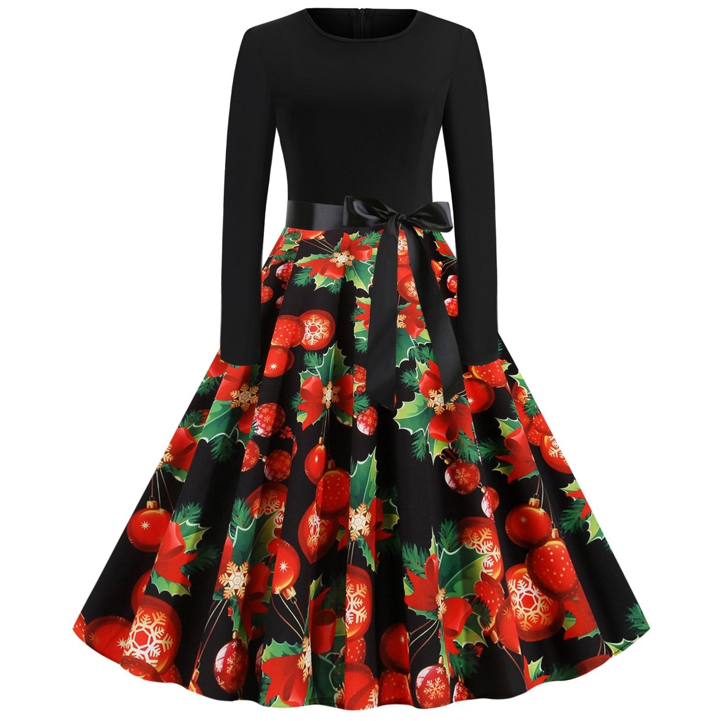 Vintage Christmas Plus Sizes Round Neck Long Sleeves Dresses-STYLEGOING
