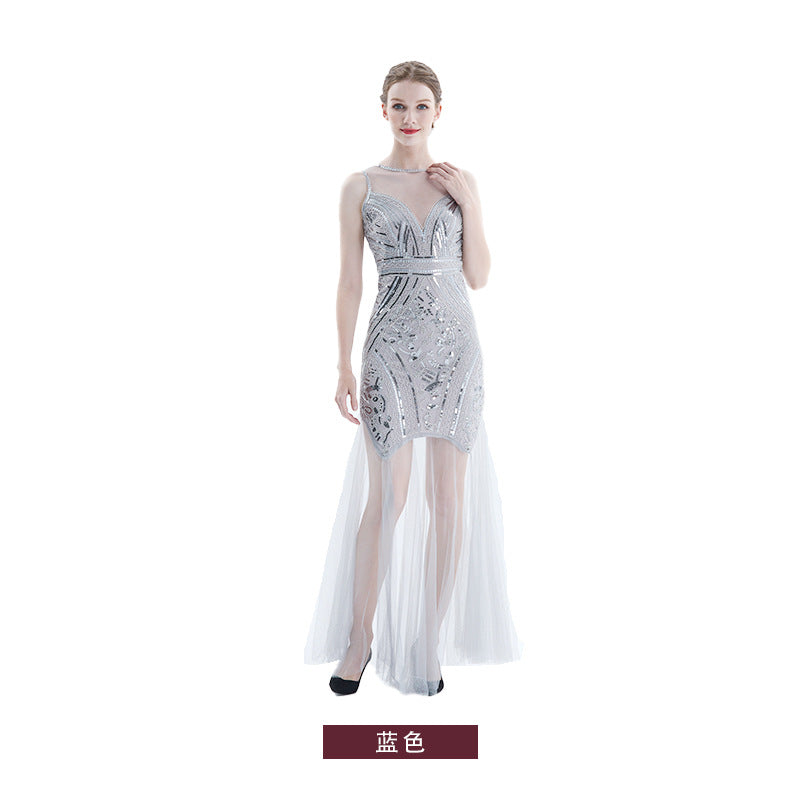 1920s Vintage Sequined Tulle Evening Party Long Dresses