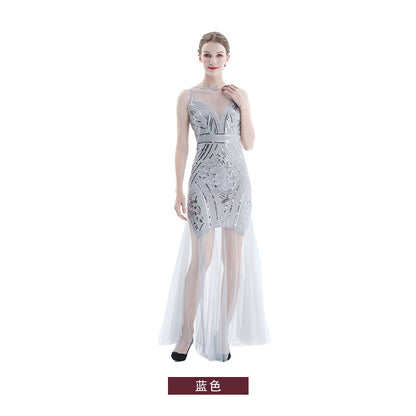 1920s Vintage Sequined Tulle Evening Party Long Dresses