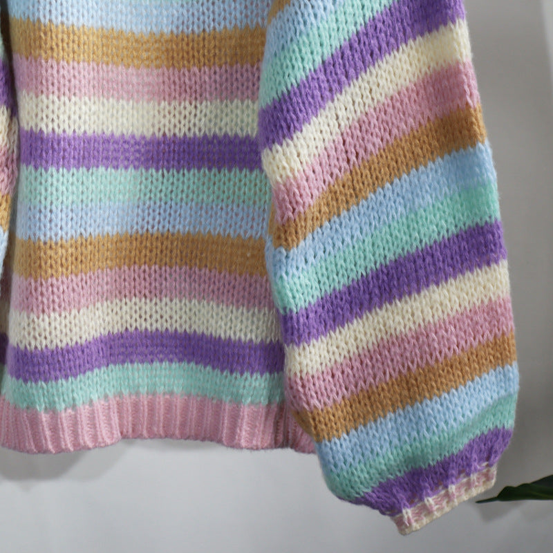 Colorful Striped Women Knitted Cardigan Outerwear