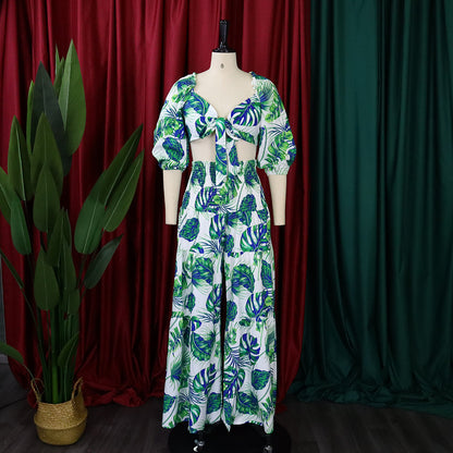Casual Leaf Print Two Pieces Women Suits