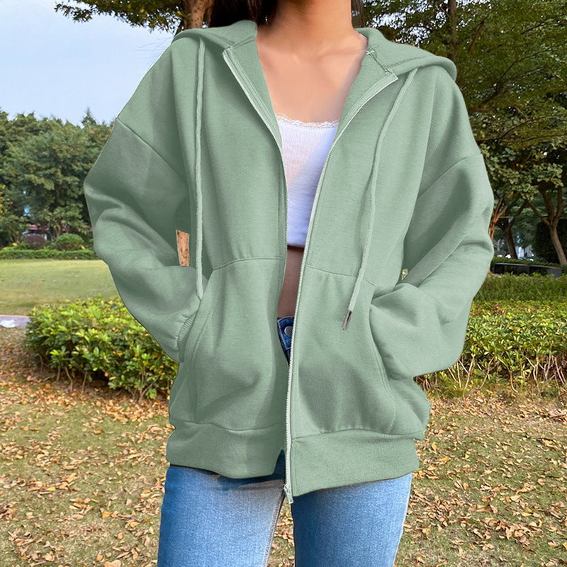 Casual Zipper Velvet Long Sleves Women Hoody Tops