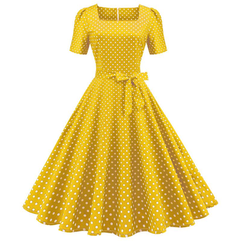 Short Sleeve Square Neckline Print Dot Dresses-STYLEGOING