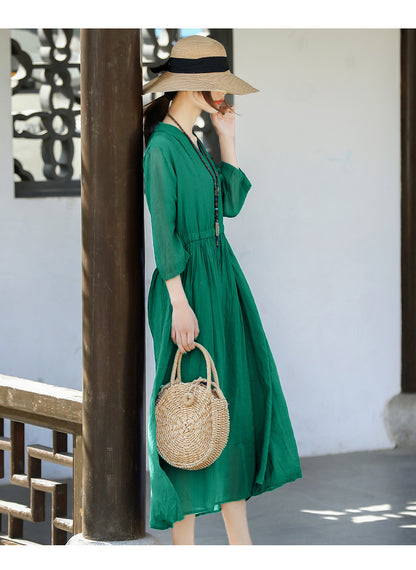 Casual Linen Half Sleeves Drawstring Long Cozy Dresses