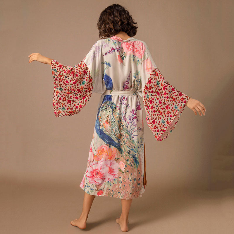 Peacock Print Kimono Beachwear Cover Ups
