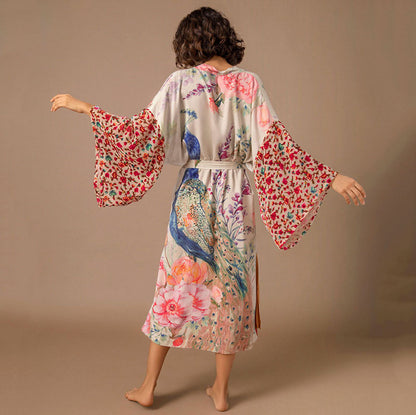 Peacock Print Kimono Beachwear Cover Ups