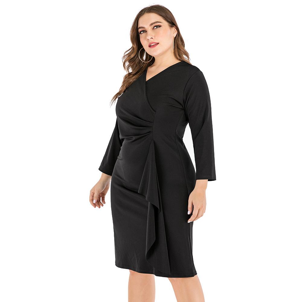 Black Long Sleeves V Neck Plus Sizes Fall Dresses-STYLEGOING