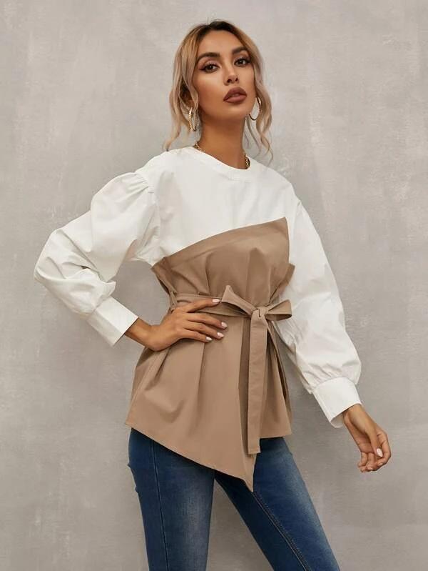 Long Puff Sleeves Belt Loose Shirts-STYLEGOING