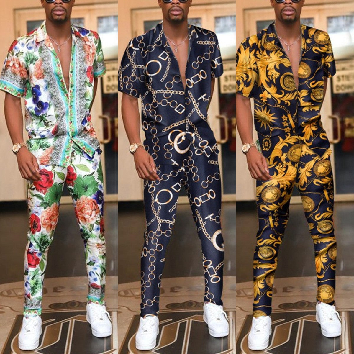 Summer Floral Print Casual Men's Shirts and Pants Sets